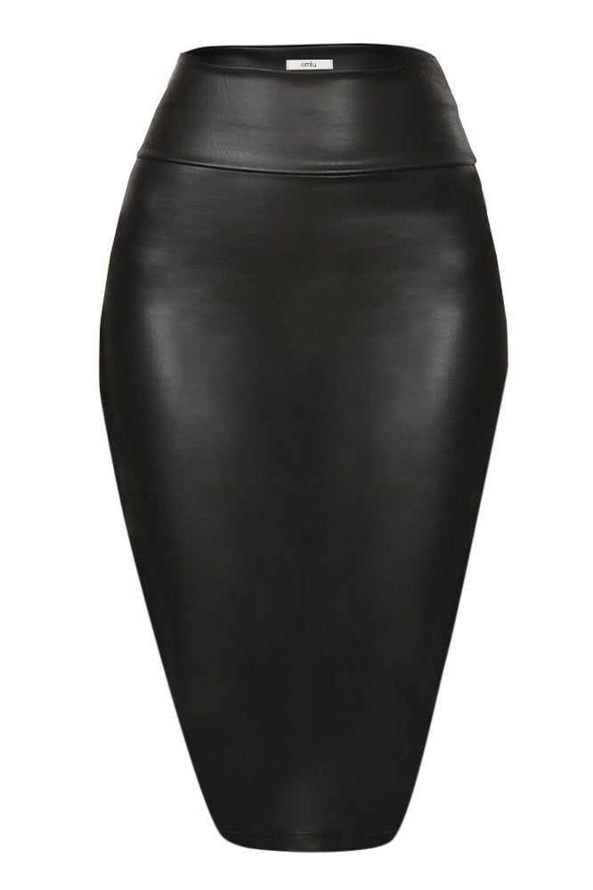 Simlu Black Leather Pencil Skirt for Women, Black Leather Scuba Skirt, X-Large - Image 1